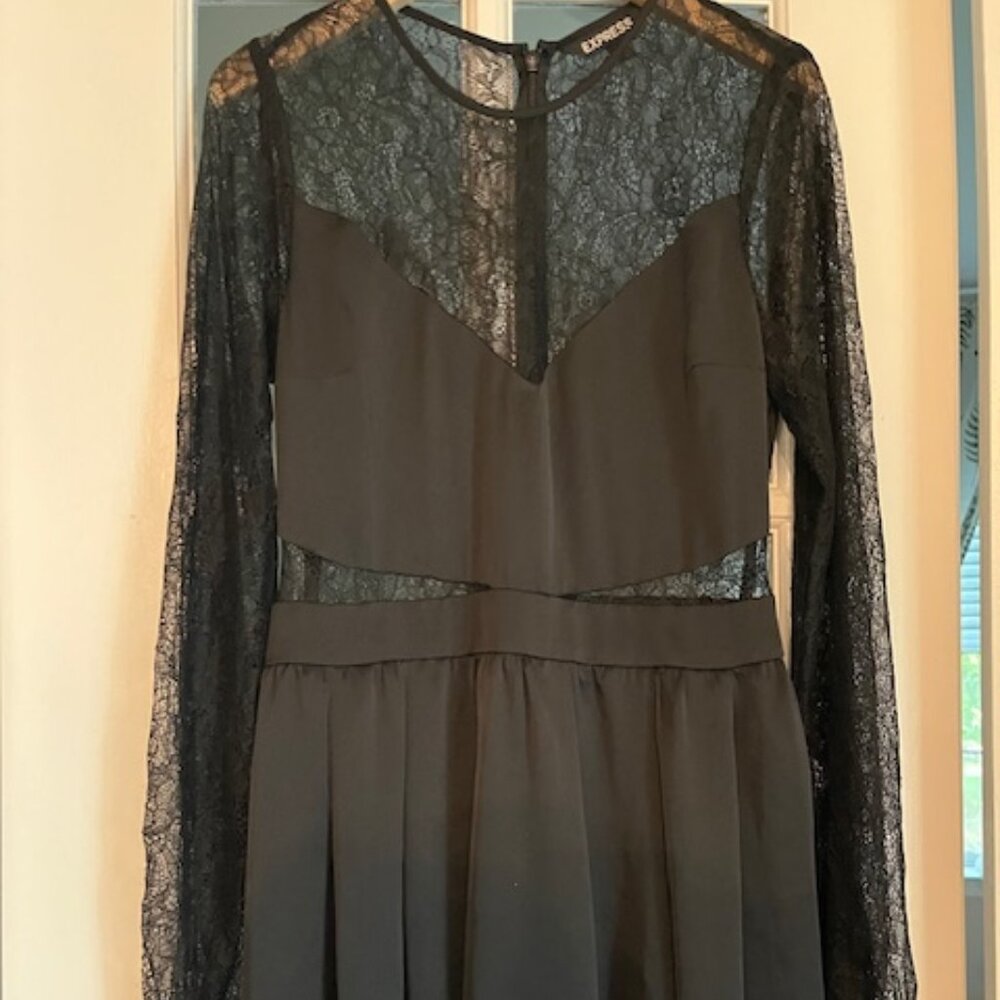 NWOT Express Silky Black Skater Dress with Lace Cut Outs Size 4